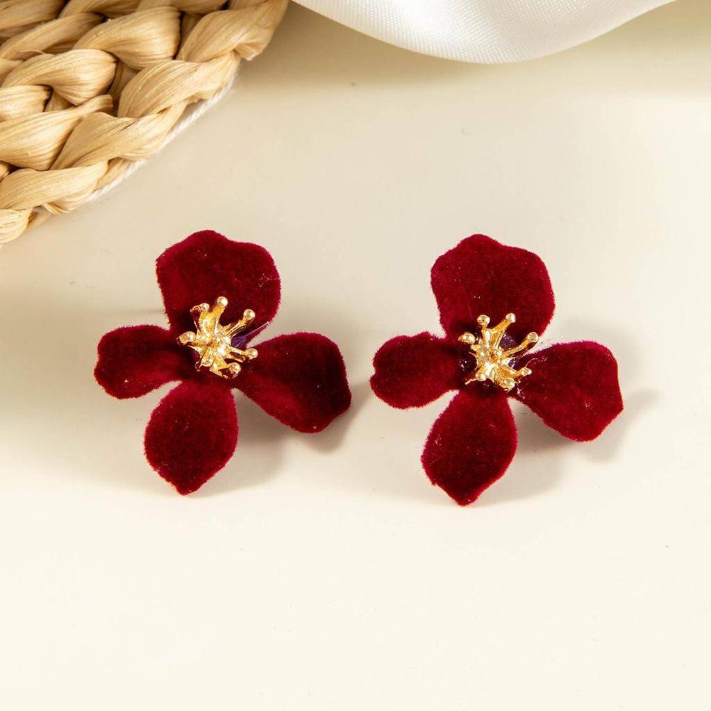 Fashionable Retro Red Velvet Flower Zinc Alloy Stamen Earrings for Women, Jewelry, Parties, Daily Matching Gifts