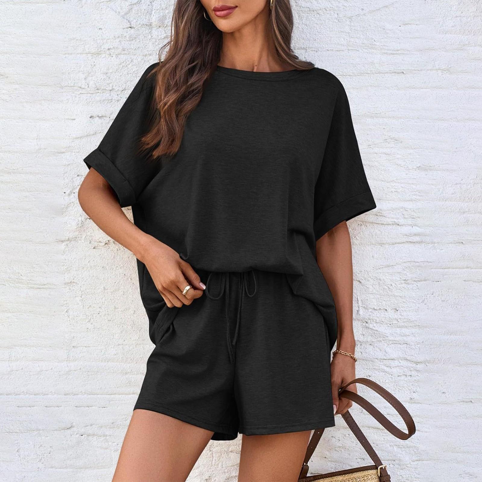 

Жіночий літній однотонний повсякденний костюм великого розміру Футболка з короткими рукавами Шорти на шнурках Спортивний одяг L чорний