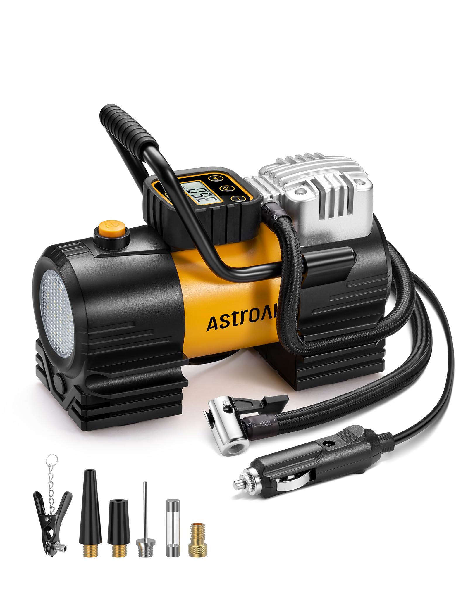 

AstroAI Air Compressor Air Pump for Cars 150PSI DC12V Cigarette Socket Connectable High Brightness LED Light Automatic Stop Portable and Versatile Air