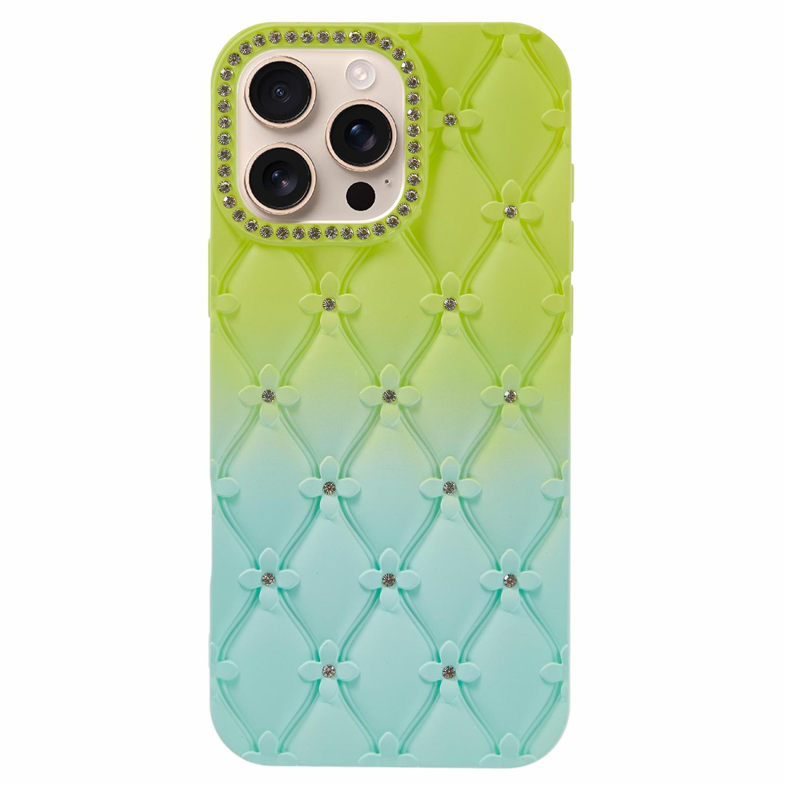 

For iPhone 16 Pro Max Case Rhinestone Decor Rubberized TPU Phone Cover Green+Baby Blue