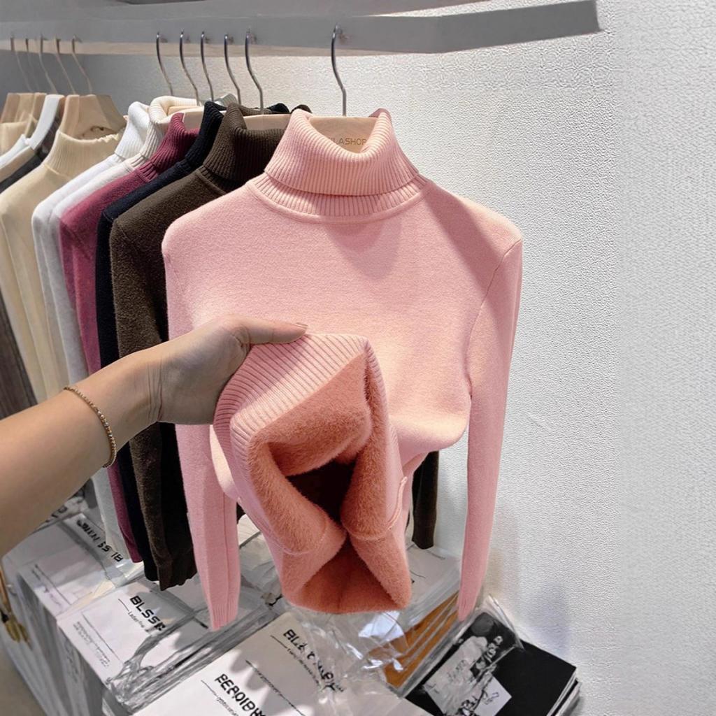 One Piece Velvet High Neck Sweater with Thickened Velvet for Women, Autumn and Winter New Warm Long Sleeved Base Sweater