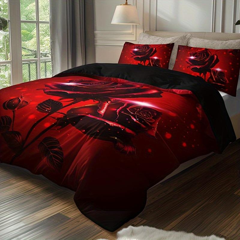 3pcs Red Rose Floral Duvet Cover Set WIth Pillowcases High-Definition Printed Bedding Sets No Filling Queen Size For Girls Room