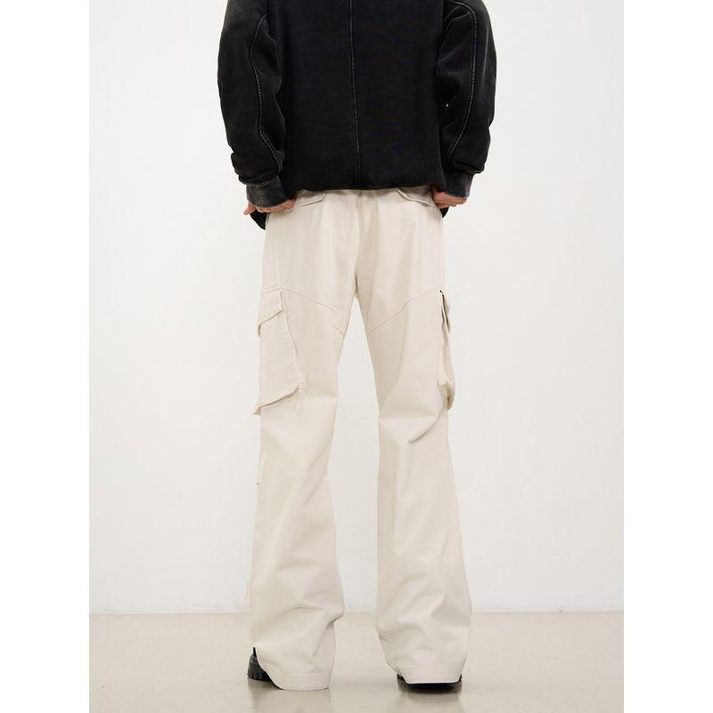 Kisko Niche American-Style Pleated Paratrooper Off-White Cargo Pants for Men and Women with Multiple Pockets, Loose Straight-Leg Casual Pants