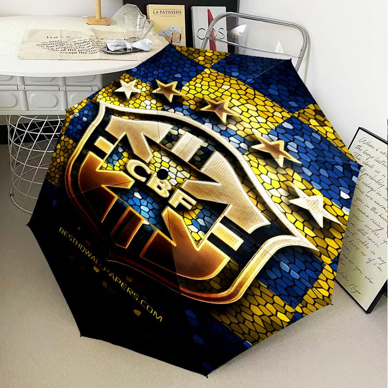 1PC Brazilian Football Crest Printed Umbrella Folding umbrella, automatic umbrella 8-Frame for Travel, camping Fan gifts Christmas Gifts