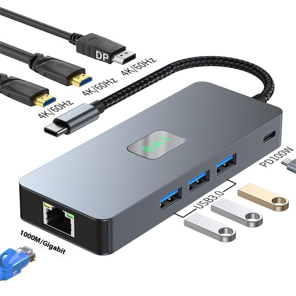 

2401 8-in-1 Type-C Hub Docking Station with Gigabit Ethernet,3x USB 3.0,2x HD,DP,PD 100W Port As Shown A