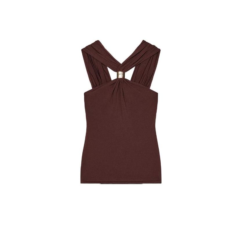 Spring New Women's Clothing French Style All-Matching Gold Inlaid Wide Shoulder Strap Hanging Collar Knitting Tops 4938116