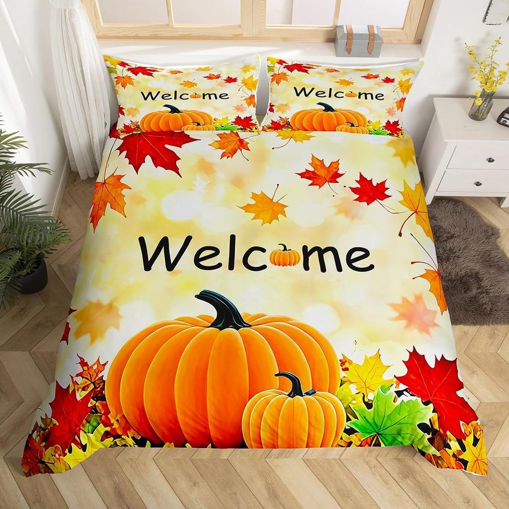 Fall Maple Leaves Duvet Cover King Autumn Harvest Theme Bedding Set Cartoon Christmas Santa Thanksgiving Pumpkin Comforter Cover