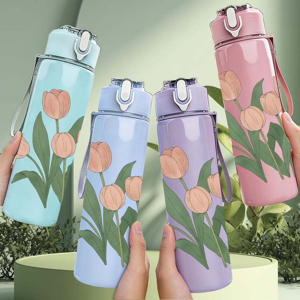 1PC Light Pink Tulip Flower Bouquet 750ml Color Plastic Sports Water Bottle Leakproof Flip Straw Lid For Sports Office Home Use
