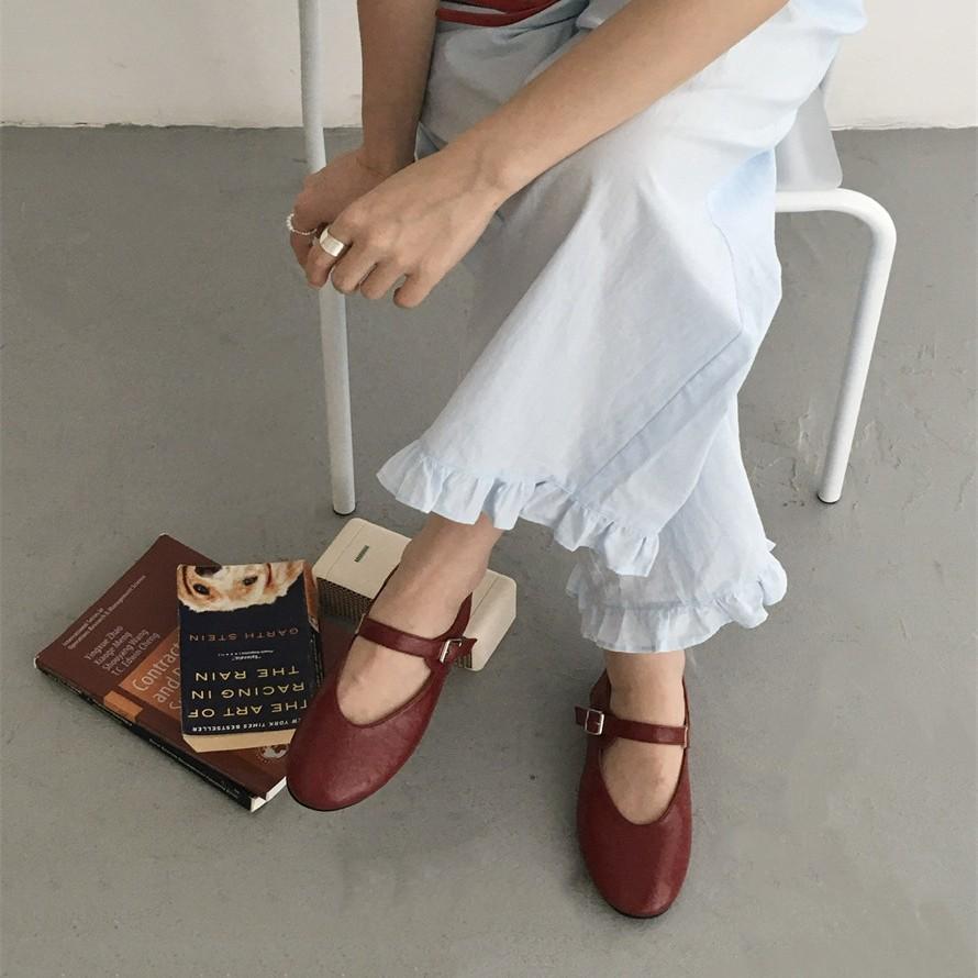 Spot~ Leather French Round Head Row Wind One-word Button Soft Sole Shallow Mouth Mary Jane Single Shoes Women's Flat Grandma Shoes