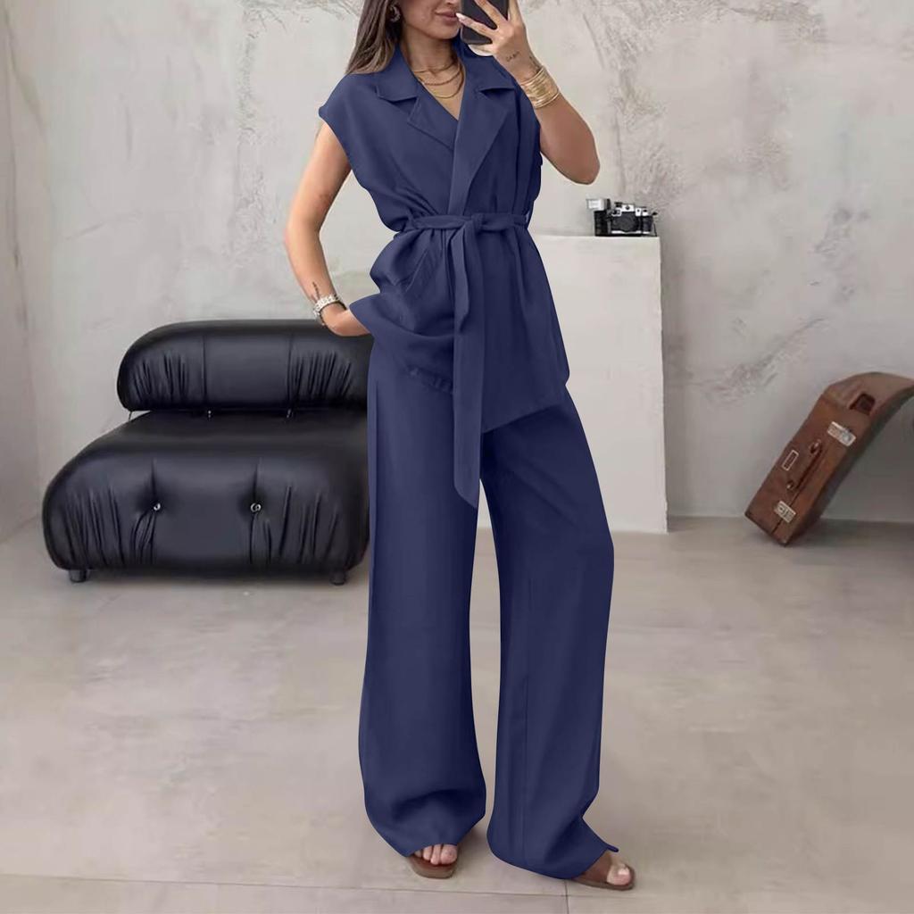 Women's 2-Piece Fashionable Casual Sleeveless Tie Front Cardigan And Pants Set