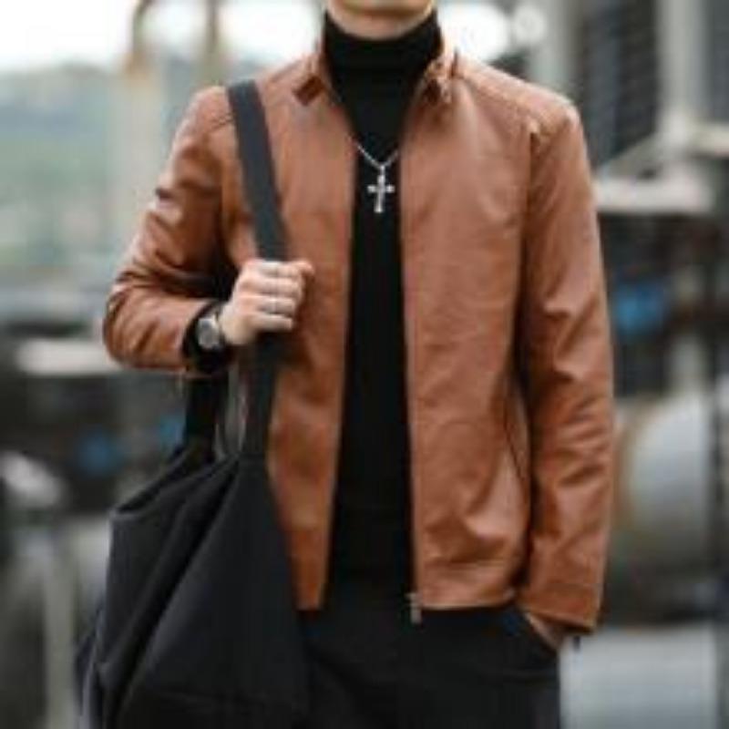 Men's Leather Jacket Spring and Autumn New Motorcycle Jacket Stand Collar Men's Top Trendy Short Leather Jacket Plus Velvet Leather Jacket