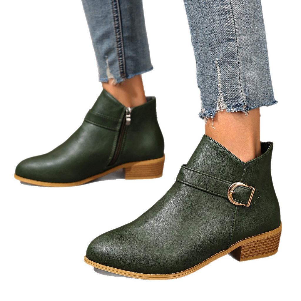 Coarse Heel Side Zipper Large Size Women'S Ankle Boots Pointed Short Boots Women'S Boots Buckle Low Heel Martin Boots Women