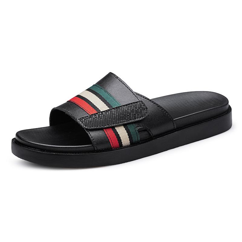 2805 Men S Genuine Leather One-Word Slippers Summer Cowhide Open-Toed Foot Cover Flat-Bottomed Outdoor Casual Cool Slippers Sandals 37 чёрный