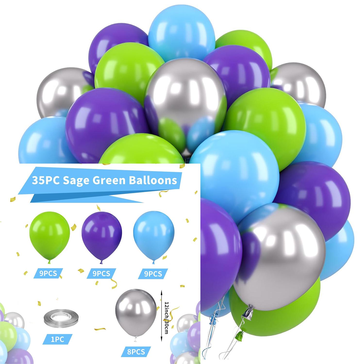 

Набор из 35 латексных шаров 12 дюймов, зеленых, фиолетовых, синих и с металлическим серебряным покрытием, подходит для свадеб, дней рождений, модных вечеринок 12INCH