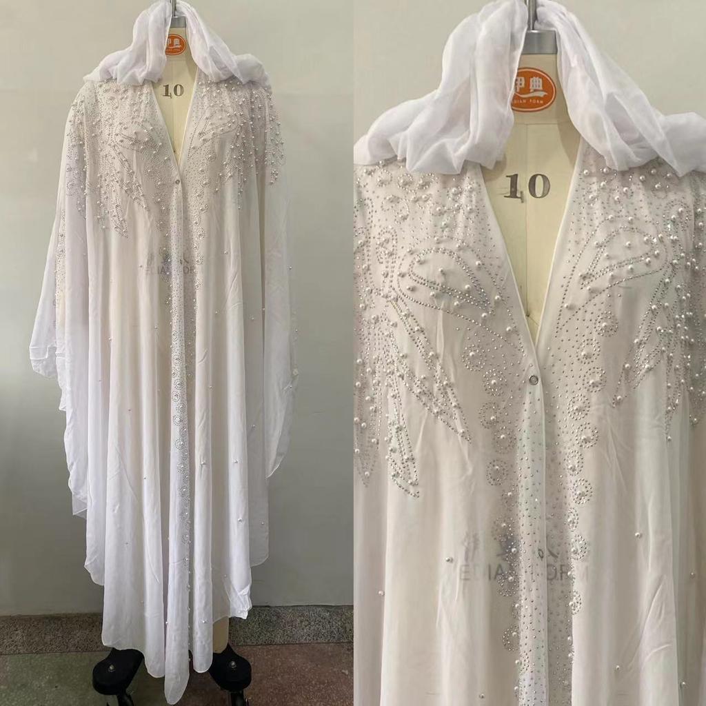 Womne Muslim Dress Embroidered Beads Abaya Dress Muslimah Hooded Robe Chiffon Kaftan Long Dress Middle East Africa Plus Size Maxi Dress