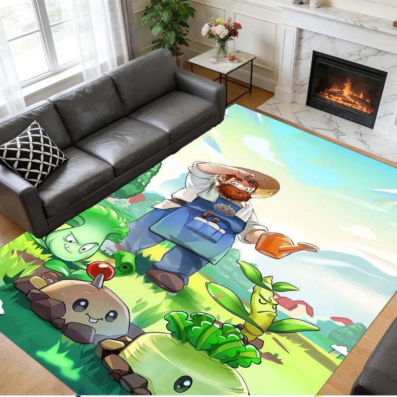 Anti‑Slip Crystal Velvet Floor Rug, Plants vs. Zombies Design Carpet for Indoor Living Bedroom Home Decoration