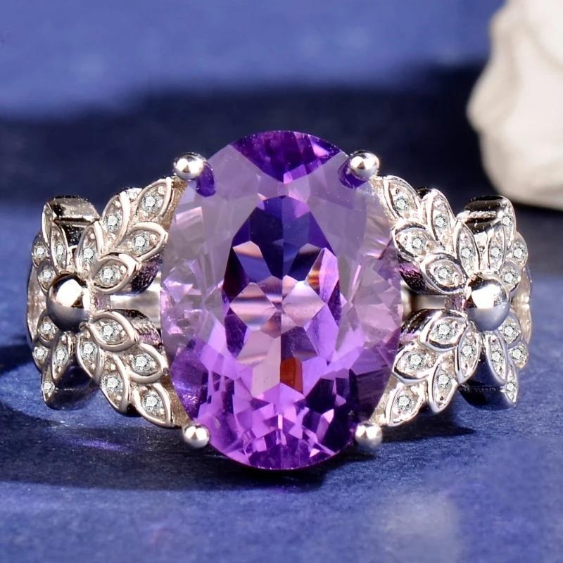 Gentle Big Oval Purple Cubic Zirconia Ring for Women Flower Textured Charming Wedding Party Trendy Accessories Jewelry