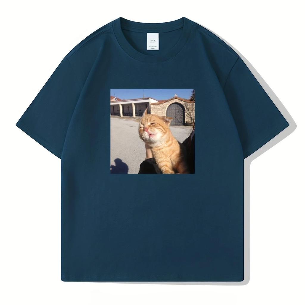 Ein kurzärmeliges T-Shirt aus 100% Baumwolle und ein modisches Oberteil mit einem gedruckten Bild einer männlichen Internet-Katze, die viral geht