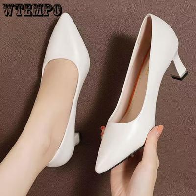 Leather Shallow Mouth Single Shoes Thick with A Hundred Pointed Female Shoes Pure Colour High Heels To Work Shopping Dating Banquet with Shoes