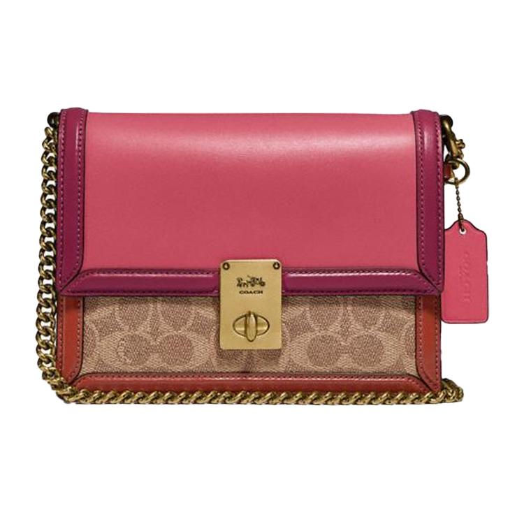New COACH Hutton Canvas With Leather Small Square Bag Shoulder Bag, Crossbody Bag Trumpets Women's Pink Contrast Brown C2795-B4SMY