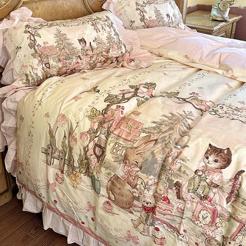 Cute Cartoon Lolita Pure Cotton Bedsheet and Duvet Cover Set – All-Cotton, Four-Piece Set