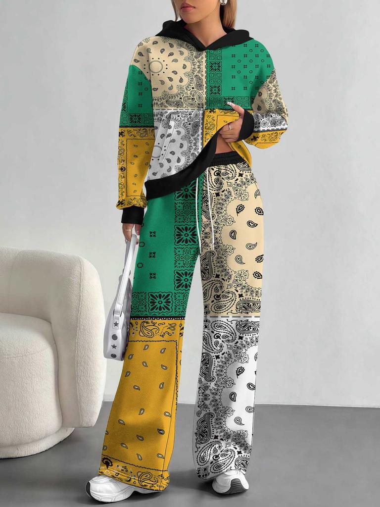 Retro Pattern European And American Autumn And Winter Casual Long-Sleeved Suit Women'S Hooded Sweater Trousers Two-Piece Set
