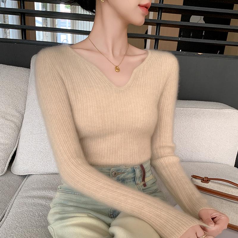 Women's Slimming Ribbed Wool V-neck Cashmere Sweater: Solid Color, Long Sleeve, Casual Knitwear