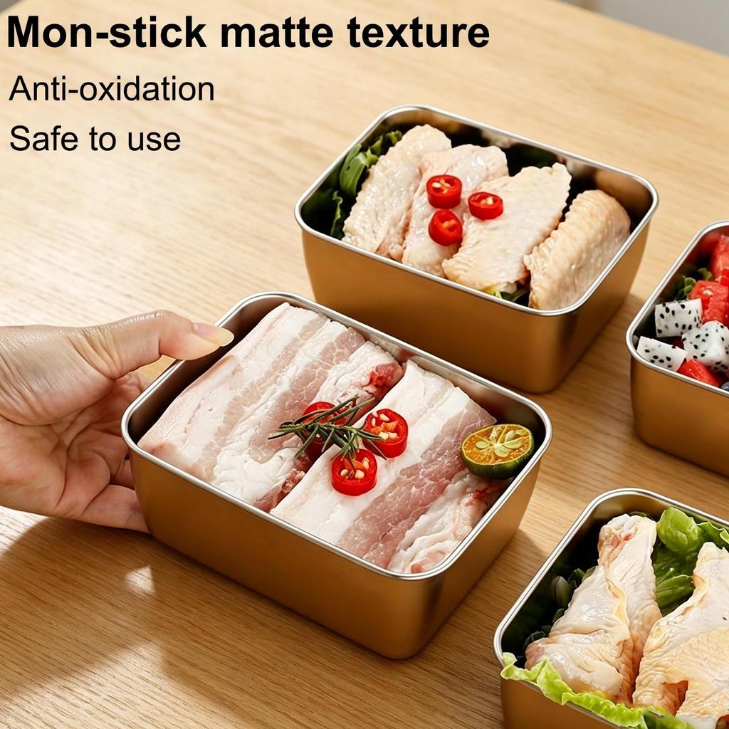 1PC Stainless Steel Food Storage Container Rectangle Dish with Cover Noodles Fruit Tray Lunch Box Thick Refrigerator Organizer