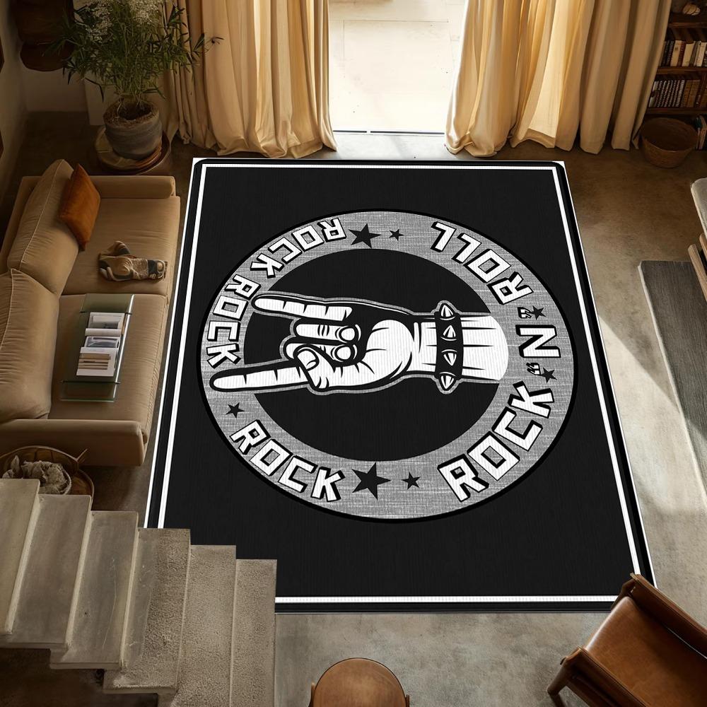 Vintage Rock & Roll Rug – Edgy Black & Gold Carpet for Bold Living Room or Bedroom Decor