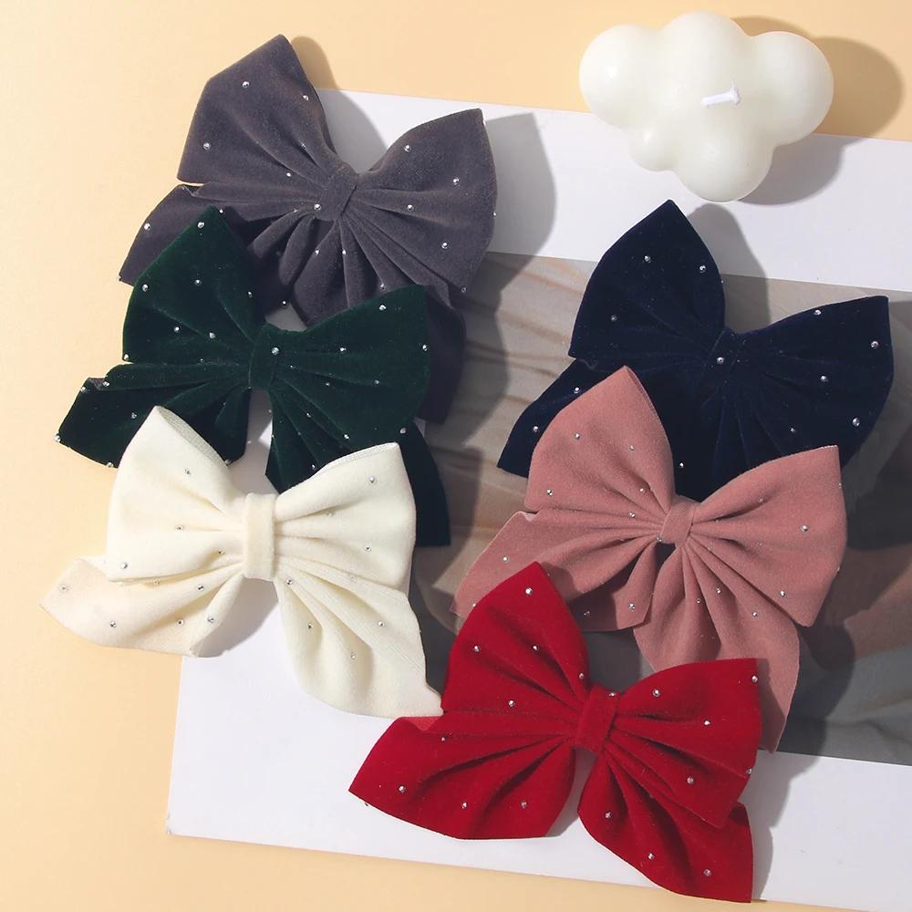 Alloy Safe Hair Accessory Kids Gift 2PCS Set Girl Favorite Cute Bow Hair Clip Diamond Embellished Velvet Solid Color Bow