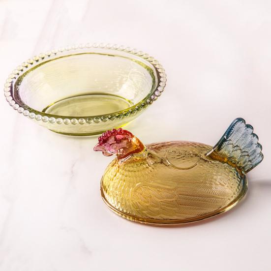 Szklana miseczka na cukierki w kształcie kurczaka z pokrywką, wzór zwierzęcy, naczynie na przekąski, desery, owoce, sałatki, dekoracja na stół do domu, kuchni