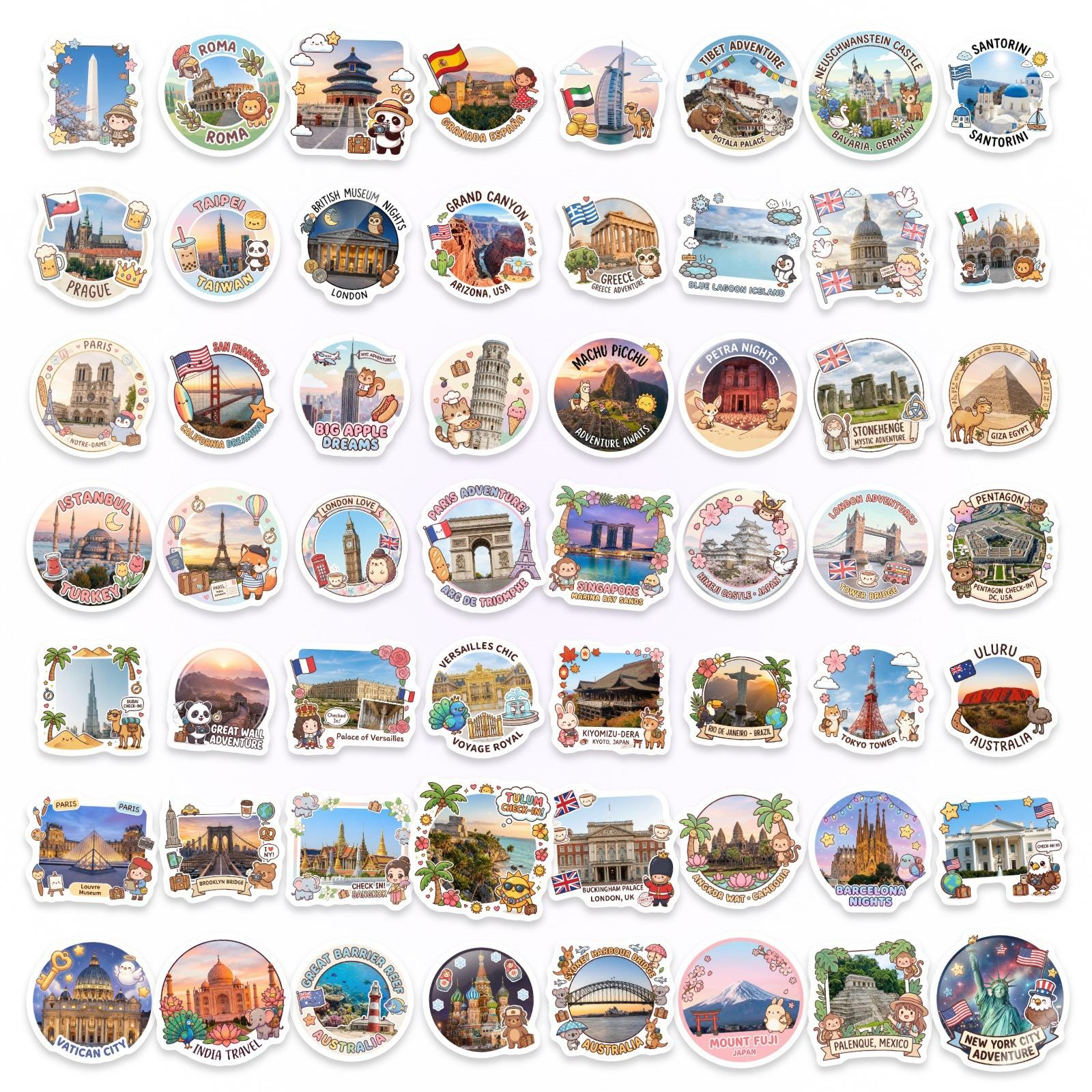

50 Cartoons World Landmarks Travel Stickers Universal Attractions Clock In Luggage Handbook Decoration Waterproof Sticker