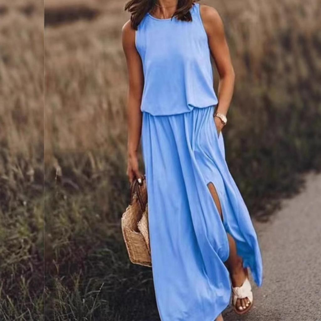 Ladies Elegant French Sleeveless Dress High Slit Round Neck Flared Hem Casual Semi Formal Outfit Simple Fashionable Style