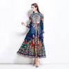 Spring Summer Women Stand Collar Lantern Sleeve Vintage Print Chiffon Loose Long Maxi Holiday Beach Dresses