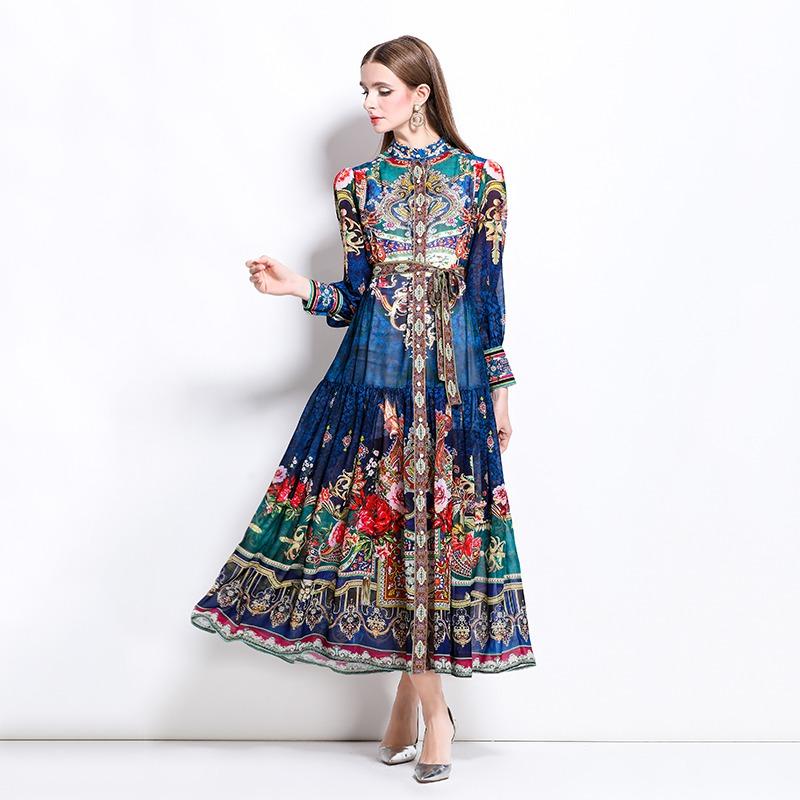Spring Summer Women Stand Collar Lantern Sleeve Vintage Print Chiffon Loose Long Maxi Holiday Beach Dresses