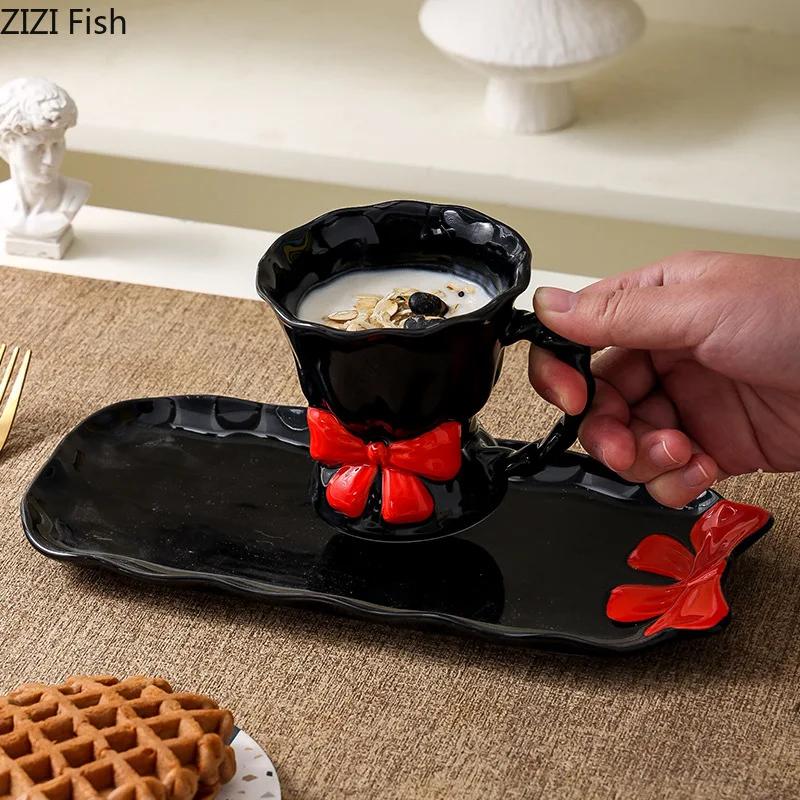 Lovely Pink Bowknot Ceramic Mug Milk Cups Dining Table Coffee Mugs Afternoon Tea Teacup Water Cup Fruits Juice Container