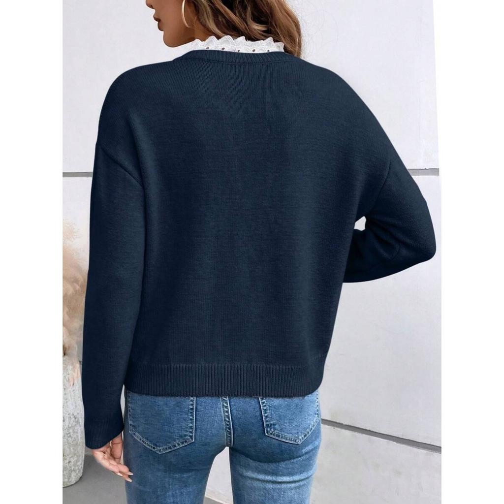 Autumn and Winter Fashion Lace V-neck Sweater Solid Color Loose Long Sleeve Women's Knitted Sweater