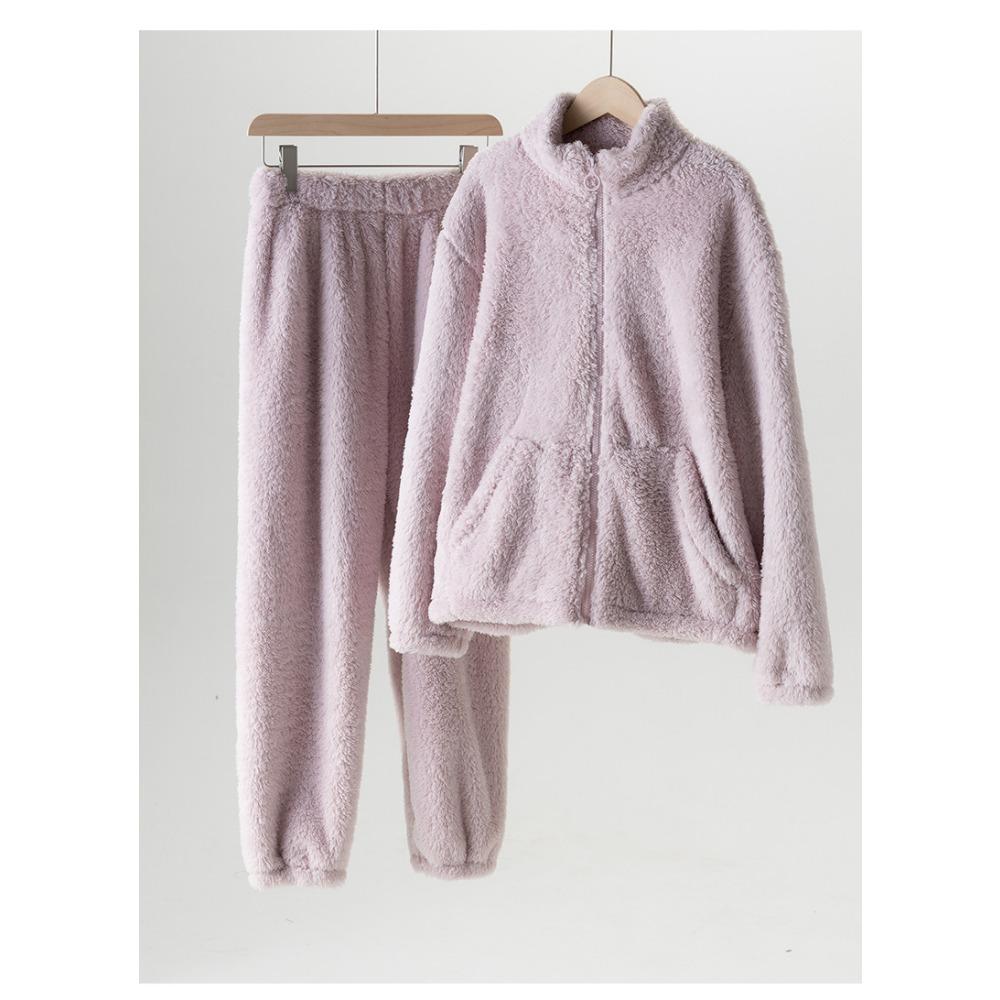 Zimní domácí oblečení dámský kardigan na zip zahuštěná bunda s vysokým límcem plyšové sametové pyžamo oboustranný fleece teplá souprava