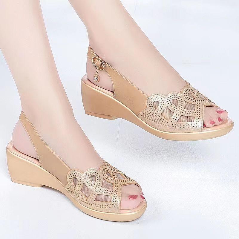 Mesh Sandals Women's High Heeled Fish Beak Sandals Hollowed Out Soft Soles and Thick Heels Work Shoes Summer
