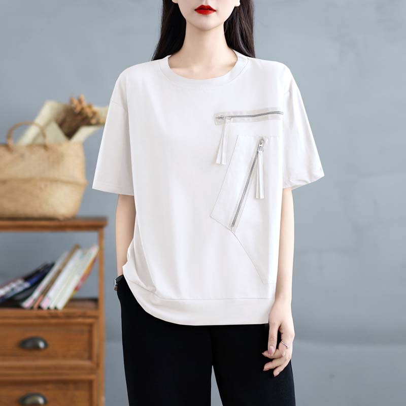 

DIMANAF 2025 Новая Летняя Женская Свободная Футболка Большого Размера с Круглым Вырезом и Коротким Рукавом, Базовый Повседневный Топ, Дизайн на Молнии XL белый