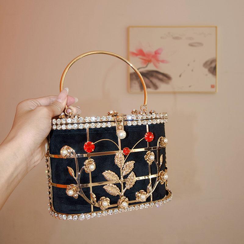 Metal Birdcage Hollow Vegetable Basket Bag Shiny Not Efficient Rhinestone Flowers Premium Portable Dinner Bag