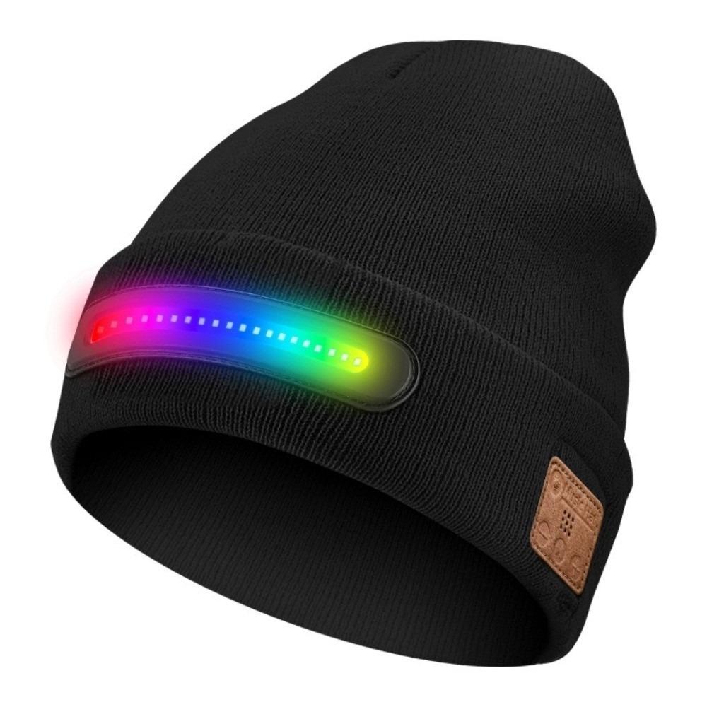 USB-wiederaufladbare LED-Beanie mit integriertem Lautsprecher und Mikrofon, abnehmbare smarte Bluetooth-Mütze, dreistufige Beleuchtung, Strickmütze