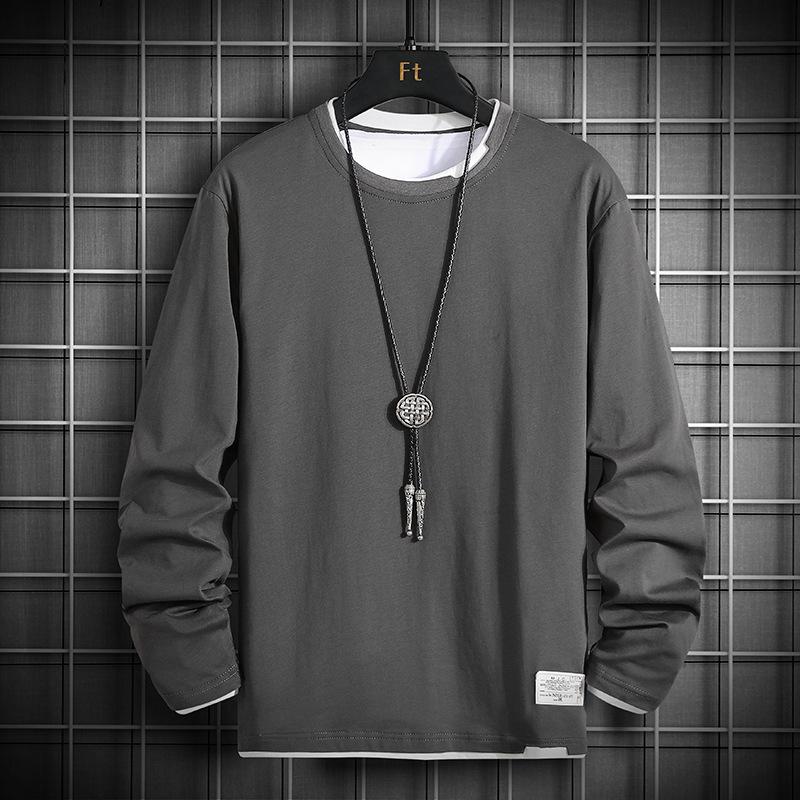 Spring Autumn Fake Two Pieces Cotton T-shirt Male Long Sleeve Casual Tee Men All-match Bottomed Pullover Tee