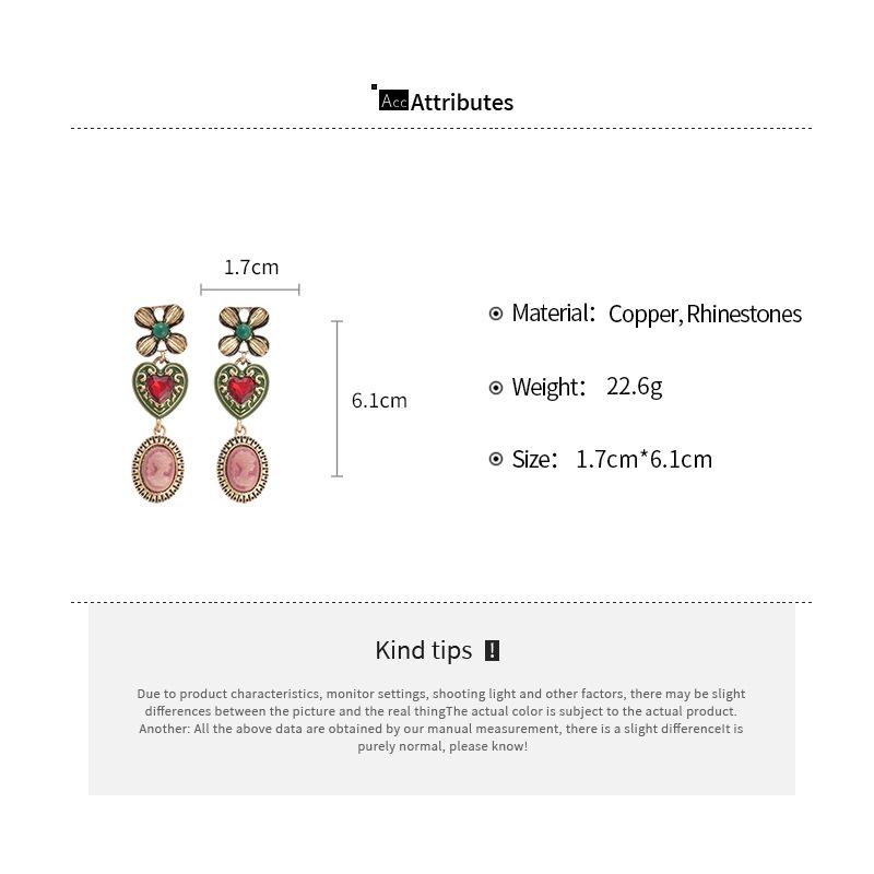 Vintage Exquiste Baroque Portrait Pendant Earrings for Women Palace Rhinestones Heart Flower Dangle Earring Accessories K1