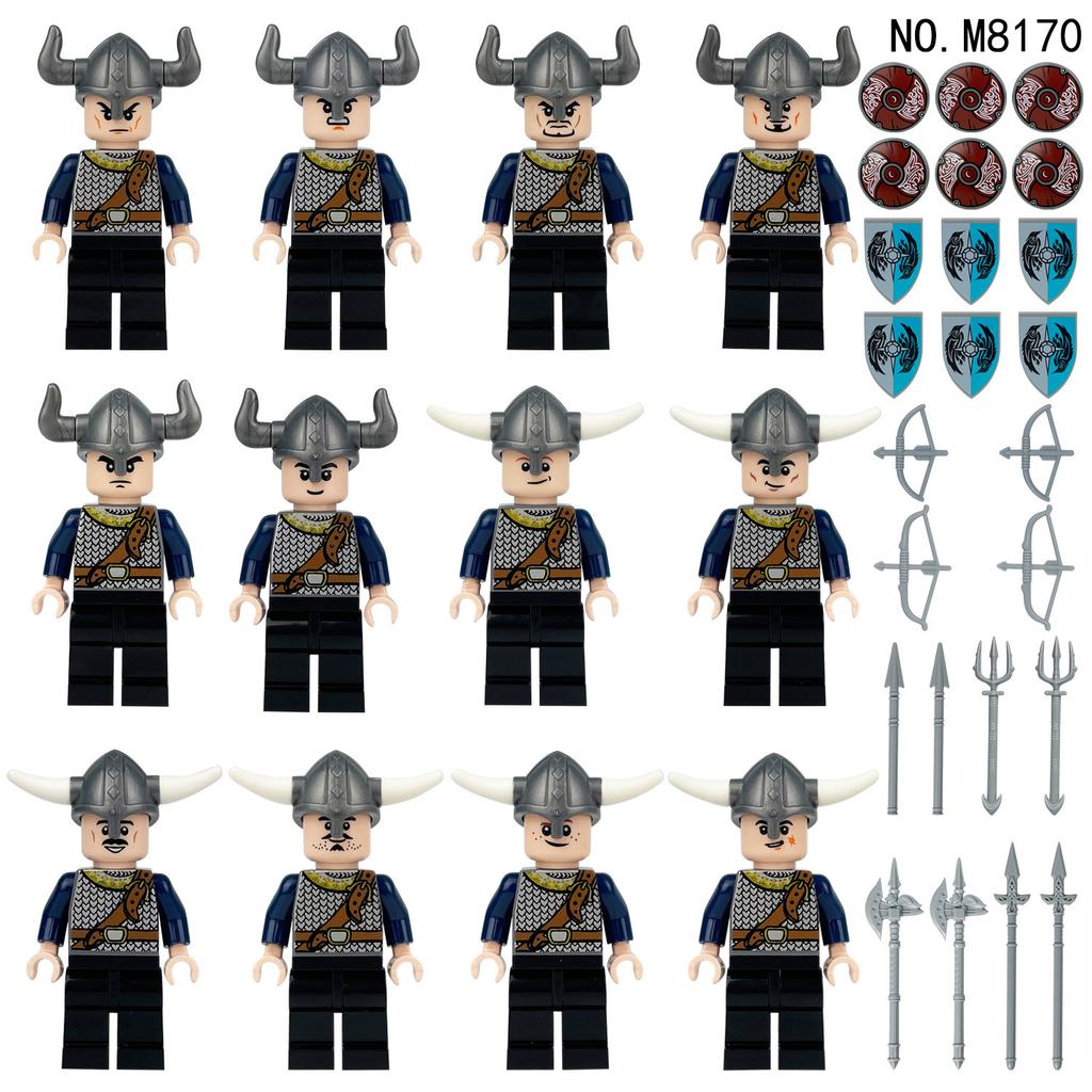 Three Viking Dolls Children Assemble Small Particle Building Block Toys Medieval Soldier Weapon 8170