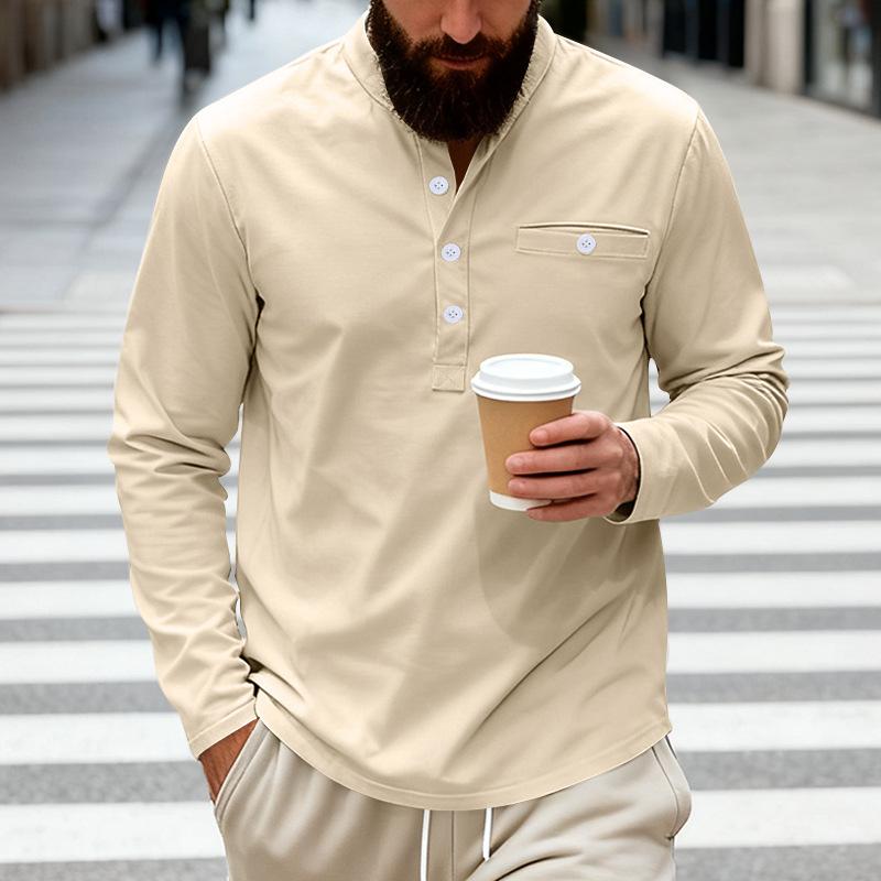 Mens Loose Fit Long Sleeve Henley Shirt Casual Basic Top