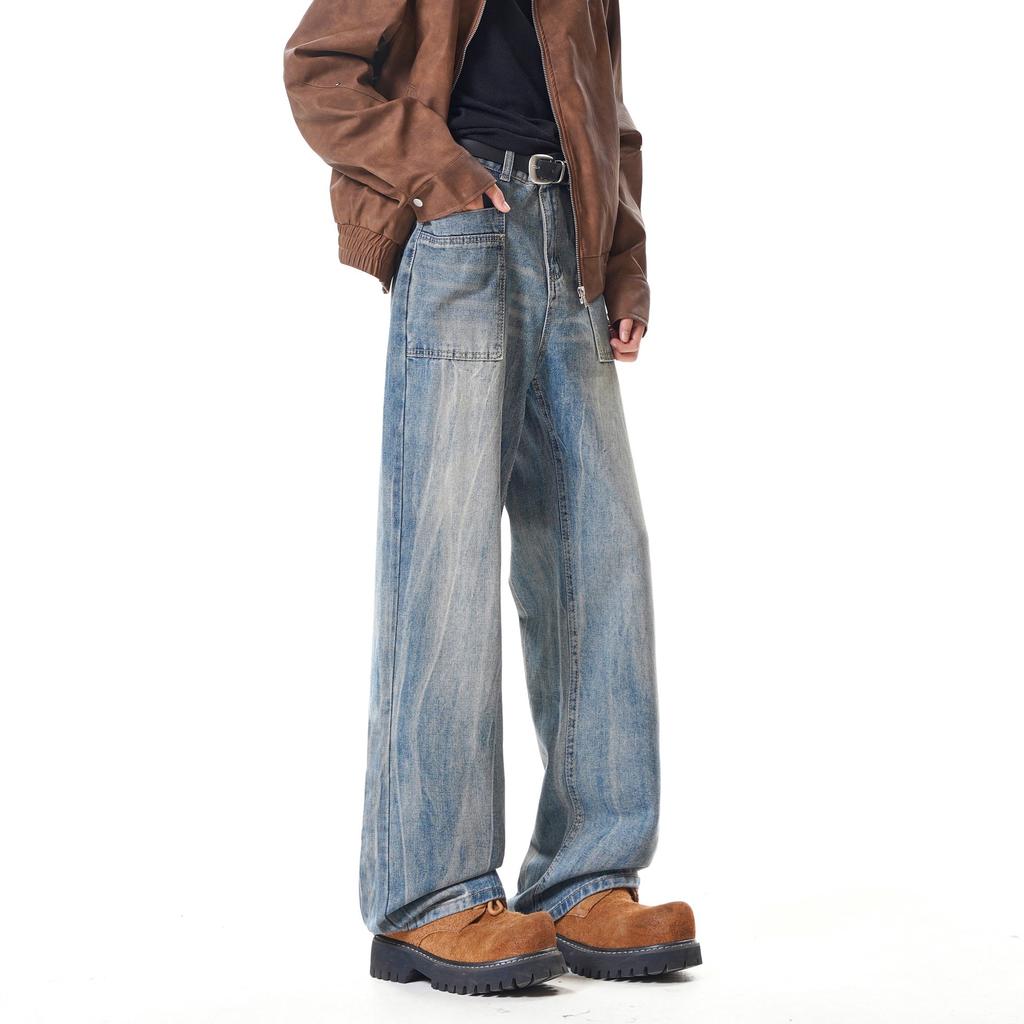 Bamboo pattern washed micro-pull jeans men's and women's American vibe casual straight-leg pants trendy ruffian handsome wide-leg trousers