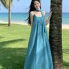 Urlaubsstil Kleid Träger-Latzrock Damenbekleidung Sommer Temperament Locker und dünn A-Linien-Rock blau mittel und langer Rock