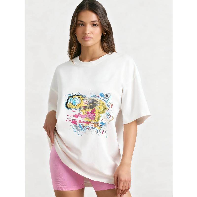 Oversized T-Shirt Black SpongeBob SquarePants Graphic Print With Text MICHIN For Casual Wear Street Style Fashion
