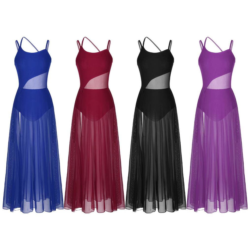 Dance Costume Practice Wear Mesh Splice Asymmetrical Mesh Maxi Dance Dress with Built-In Leotard